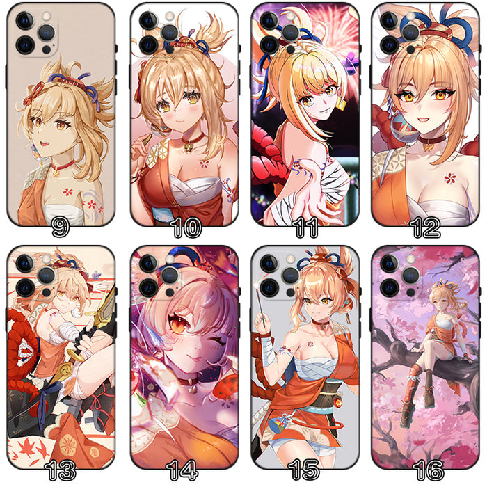 Yoimiya Genshin Impact Phone Case: orange, black anime-style characters and decorative scenes, anime, colorful illustrated st