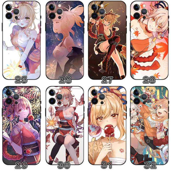 Yoimiya Genshin Impact Phone Case: orange, black anime-style characters and decorative scenes, anime, colorful illustrated st