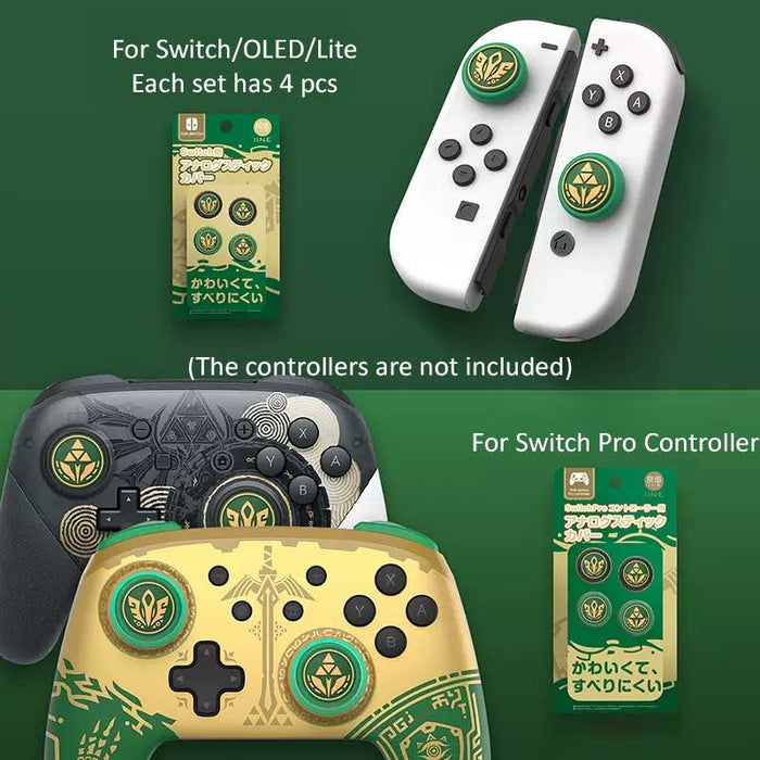 Zelda Controller Joystick Caps: Tears of the Kingdom: green, gold green-and-gold emblem design, themed graphic, game-inspired