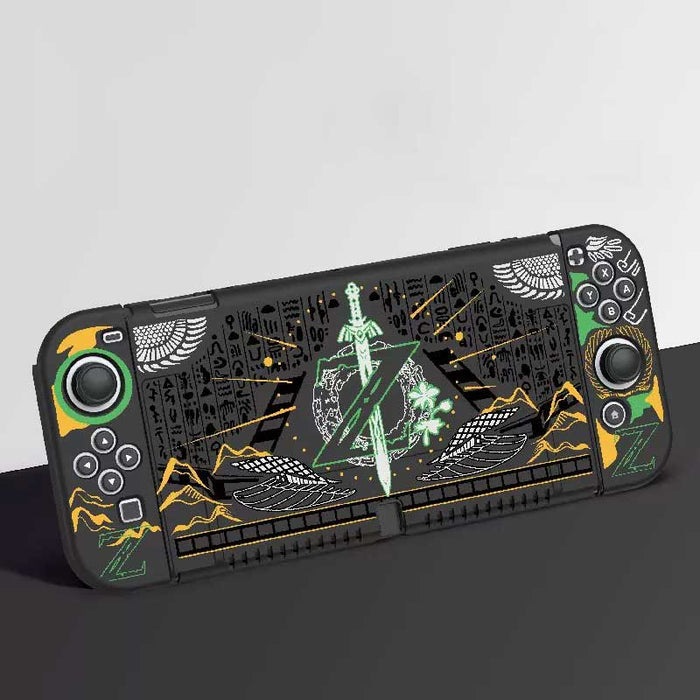 Zelda Master Sword Switch Case: black, dark gray graphic design featuring a sword, spiderwebs, and abstract occult-style symb
