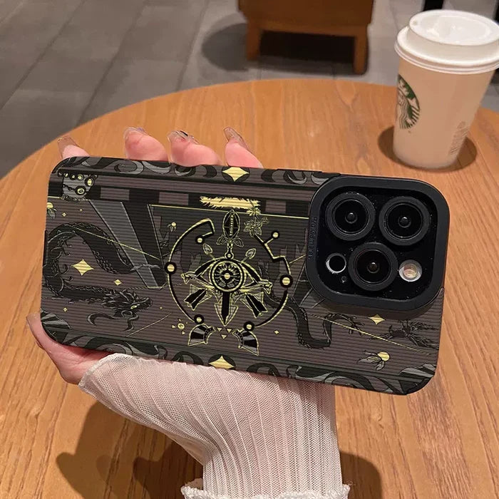 Zelda Sheikah Eye iPhone Case, Custom-made: black, dark brown dragon and celestial/astrological theme, dark fantasy, ornate c