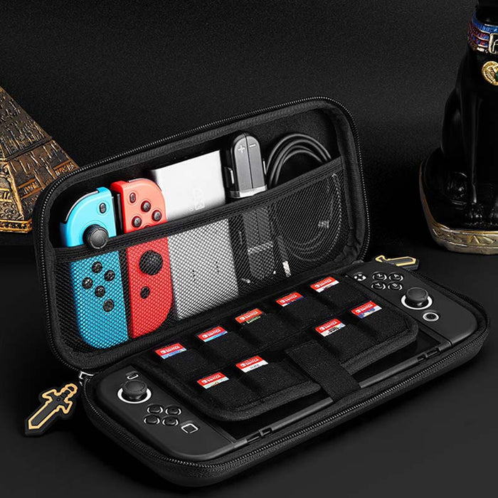 Zelda Sheikah Slate Switch OLED Case: black, gray zippered carrying case with game controller and accessories, minimal gaming