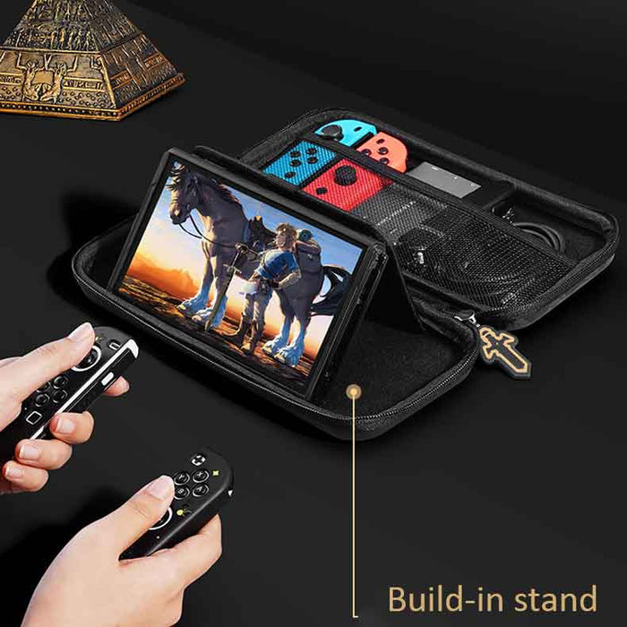 Zelda Sheikah Slate Switch OLED Case: black, gray zippered carrying case with game controller and accessories, minimal gaming