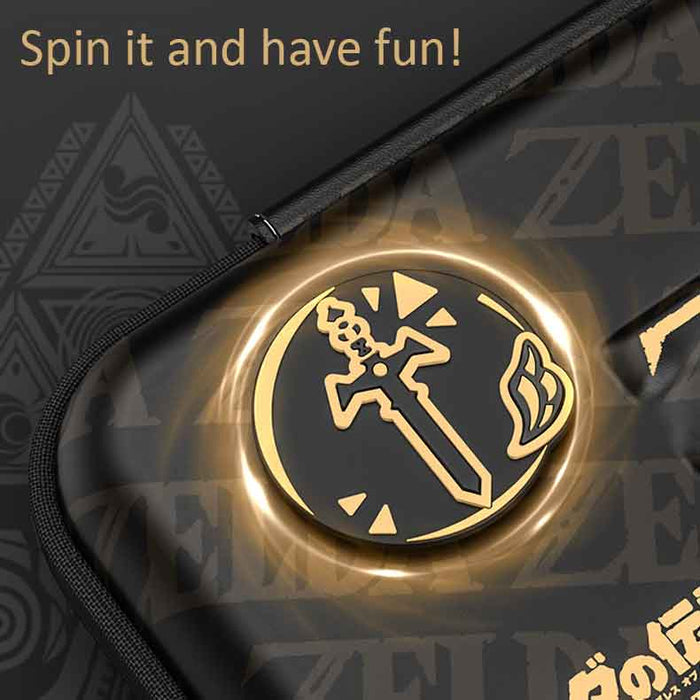 Zelda Sheikah Slate Switch OLED Case: black, gray zippered carrying case with game controller and accessories, minimal gaming