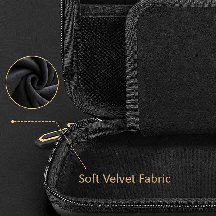 Zelda Sheikah Slate Switch OLED Case: black, gray zippered carrying case with game controller and accessories, minimal gaming