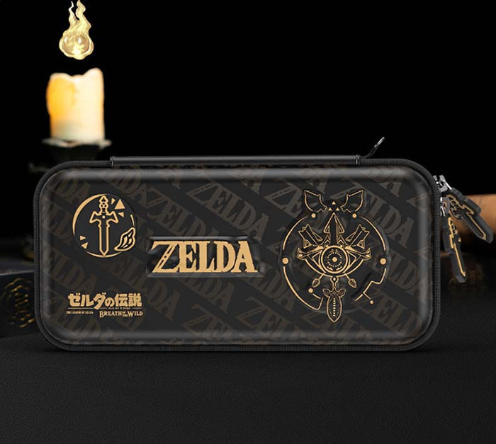 Zelda Sheikah Slate Switch OLED Case: black, gray zippered carrying case with game controller and accessories, minimal gaming