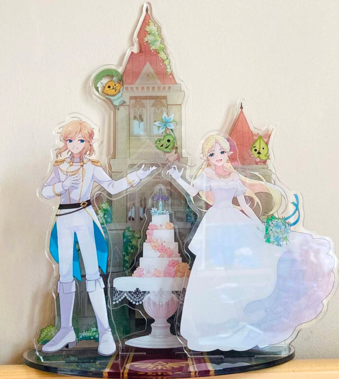 Zelda Standee with Link, Base, Cake: white, light blue anime-style bride and groom with a castle backdrop, anime/cartoon wedd