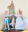 Zelda Standee with Link, Base, Cake: white, light blue anime-style bride and groom with a castle backdrop, anime/cartoon wedd