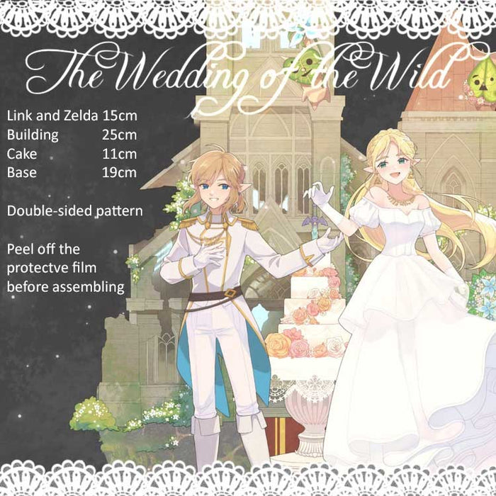 Zelda Standee with Link, Base, Cake: white, light blue anime-style bride and groom with a castle backdrop, anime/cartoon wedd