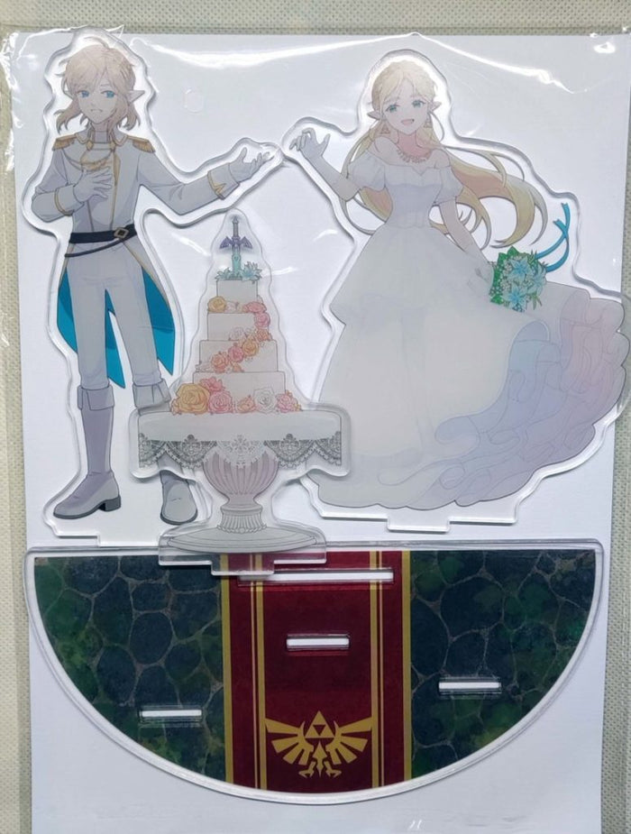 Zelda Standee with Link, Base, Cake: white, light blue anime-style bride and groom with a castle backdrop, anime/cartoon wedd