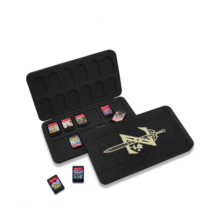 Zelda Switch Game Holder with 24 slots: black, gold Hogwarts-themed design, themed graphic style