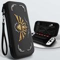 Zelda Switch OLED Carrying Case: black, gold ornate fantasy-style cross emblem, ornate gothic fantasy style