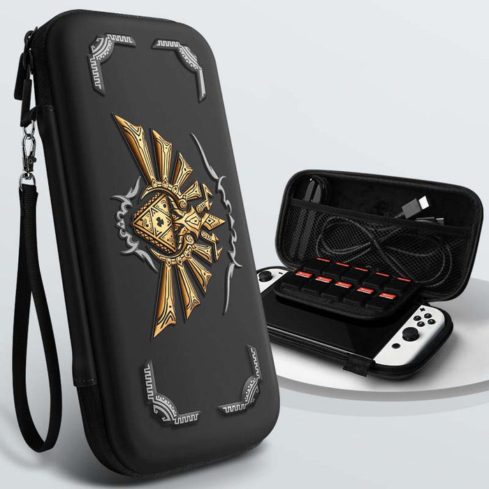 Zelda Switch OLED Carrying Case: black, gold ornate fantasy-style cross emblem, ornate gothic fantasy style