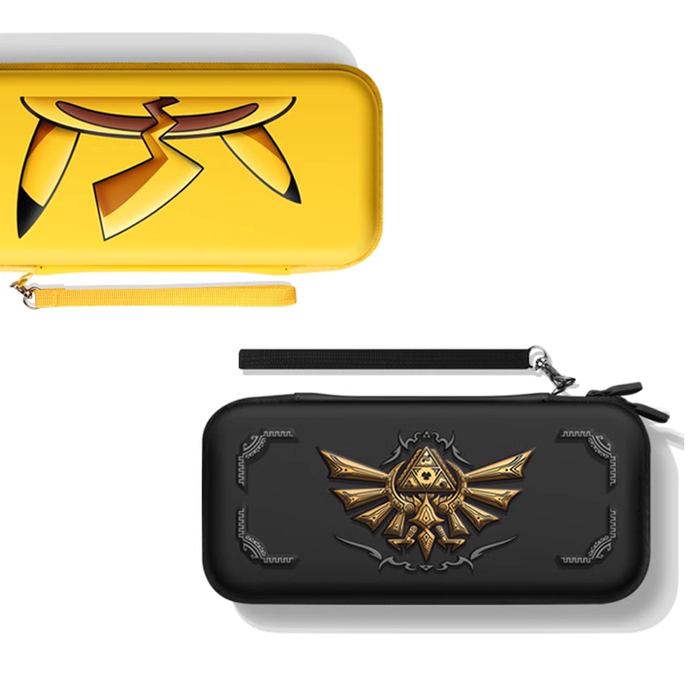 Zelda Switch OLED Carrying Case: black, gold ornate fantasy-style cross emblem, ornate gothic fantasy style