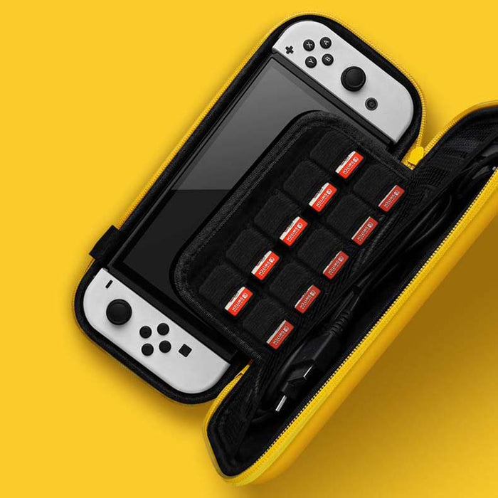 Zelda Switch OLED Carrying Case: black, gold ornate fantasy-style cross emblem, ornate gothic fantasy style