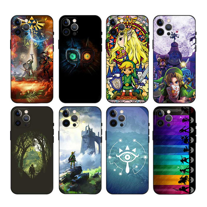 Zelda TPU Phone Case with Border: black, green The Legend of Zelda-themed characters and imagery, cartoon, fantasy game fan a
