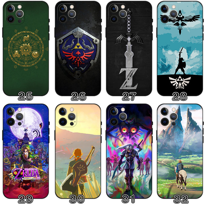 Zelda TPU Phone Case with Border: black, green The Legend of Zelda-themed characters and imagery, cartoon, fantasy game fan a
