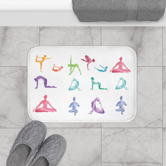 Zen Bath Mat: Creating a Serene Atmosphere for Your Home Yoga Sanctuary: white, orange yoga poses, minimal watercolor illustr