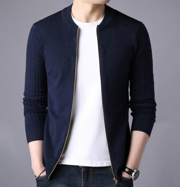 Zip Up Men's Cardigan with Round Neck: dark navy blue, white zip-front jacket, minimal casual style