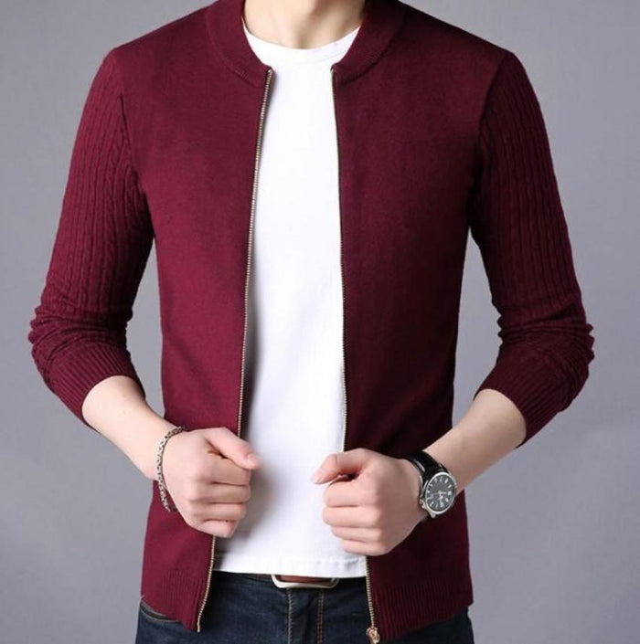 Zip Up Men's Cardigan with Round Neck: dark navy blue, white zip-front jacket, minimal casual style