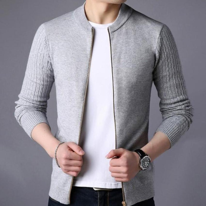 Zip Up Men's Cardigan with Round Neck: dark navy blue, white zip-front jacket, minimal casual style