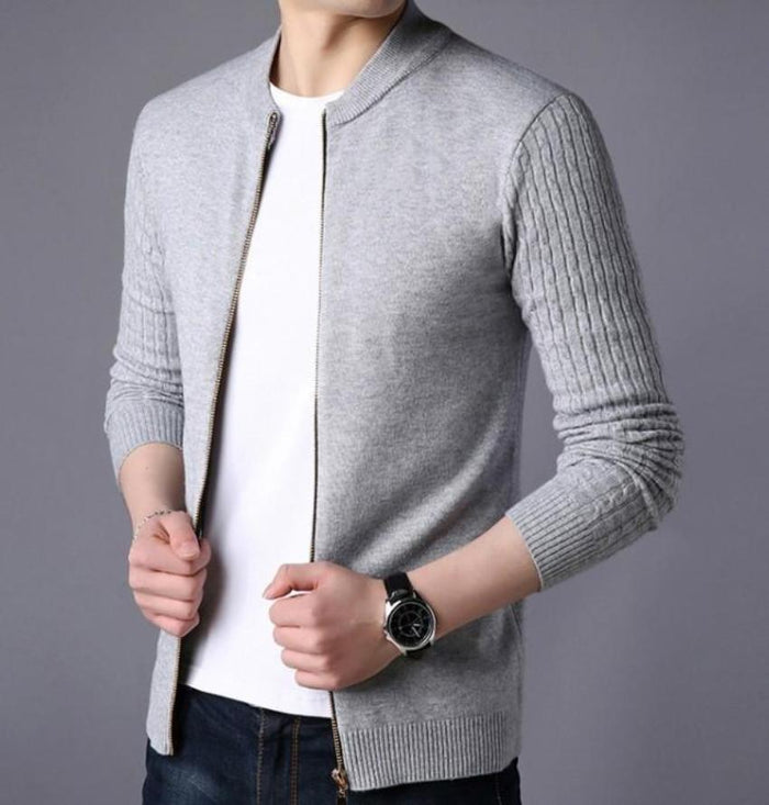 Zip Up Men's Cardigan with Round Neck: dark navy blue, white zip-front jacket, minimal casual style