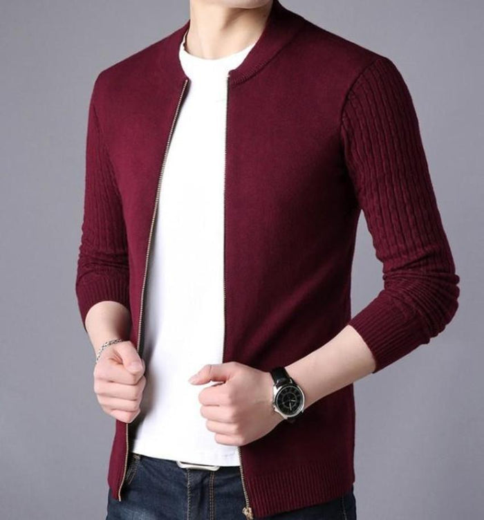Zip Up Men's Cardigan with Round Neck: dark navy blue, white zip-front jacket, minimal casual style