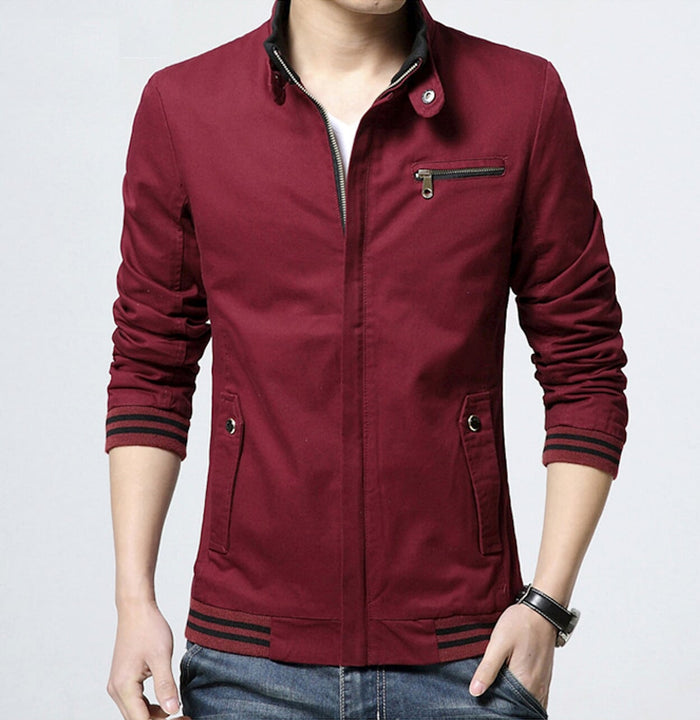 Zippered Jacket with Stand Collar for Men: burgundy, black jacket, casual modern style