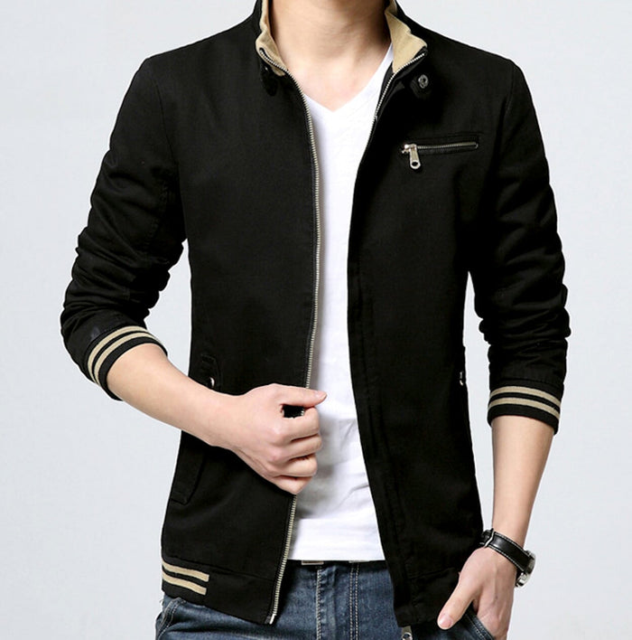 Zippered Jacket with Stand Collar for Men: burgundy, black jacket, casual modern style