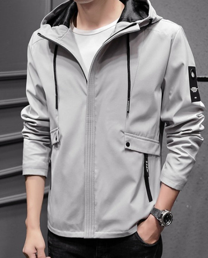 Zippered Street Style Hooded Jacket for Men: light gray, black hooded zip-up jacket, minimal sporty casual style