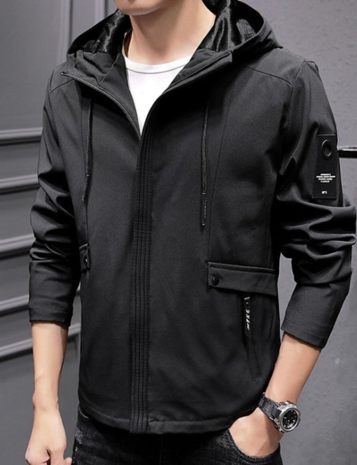 Zippered Street Style Hooded Jacket for Men: light gray, black hooded zip-up jacket, minimal sporty casual style