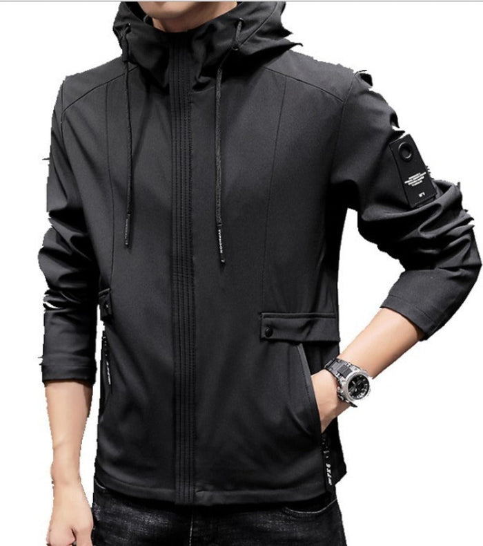 Zippered Street Style Hooded Jacket for Men: light gray, black hooded zip-up jacket, minimal sporty casual style