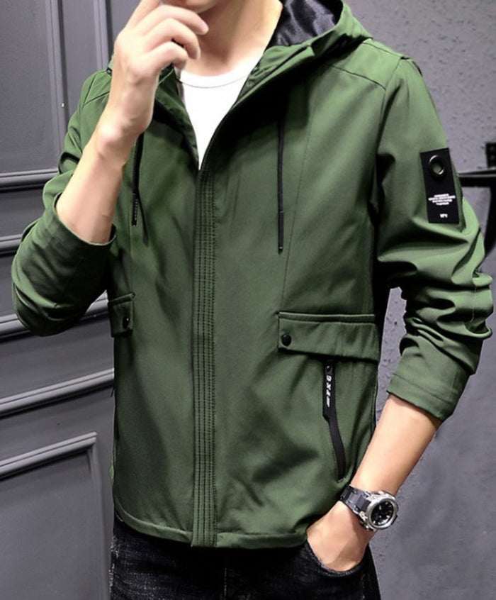 Zippered Street Style Hooded Jacket for Men: light gray, black hooded zip-up jacket, minimal sporty casual style