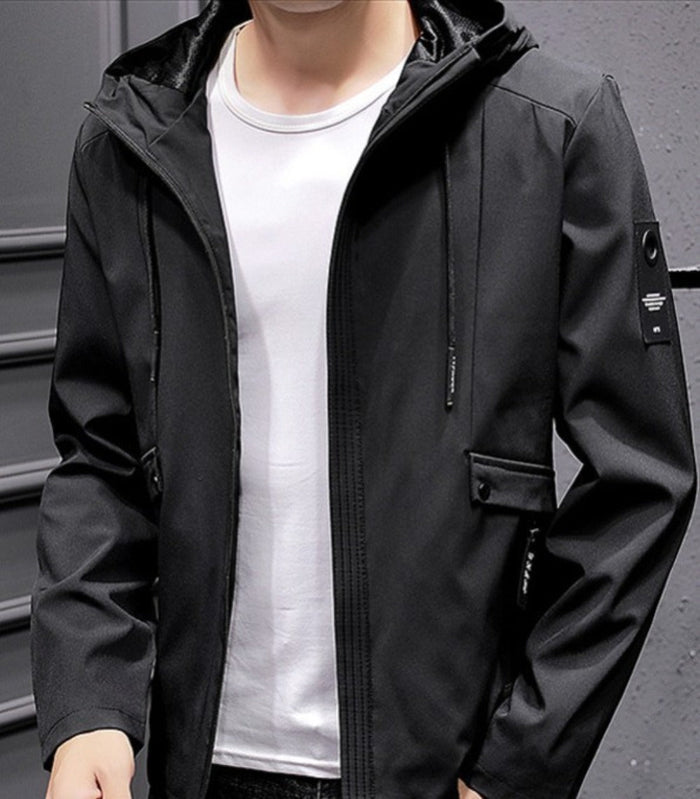 Zippered Street Style Hooded Jacket for Men: light gray, black hooded zip-up jacket, minimal sporty casual style