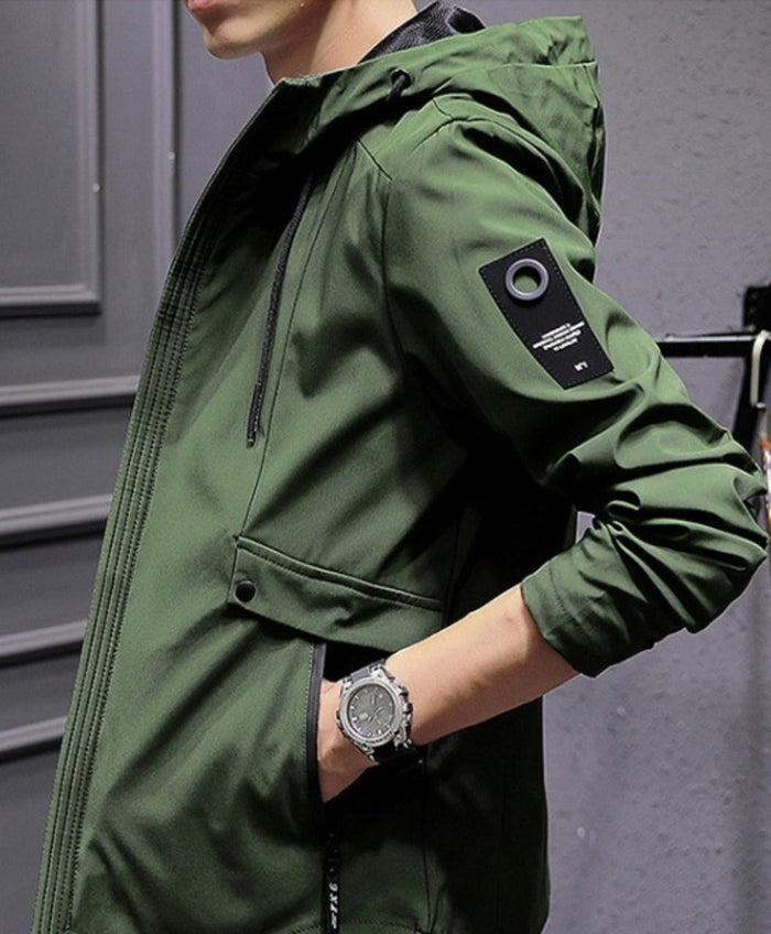 Zippered Street Style Hooded Jacket for Men: light gray, black hooded zip-up jacket, minimal sporty casual style